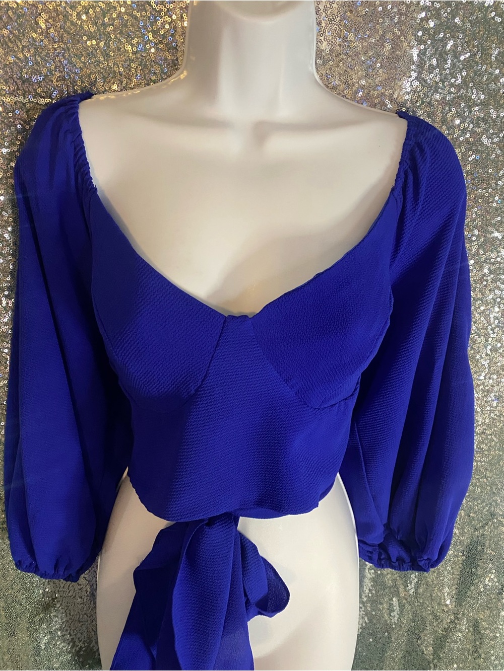 Premier Amour Cobalt Blue Covertible Crop Blouse-Off-Shoulder Tie front/back Top